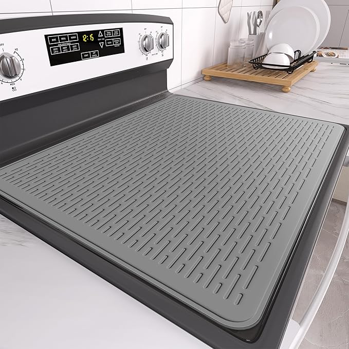Stove Top Cover for Electric Stove- Range Covers for Electric Stove,Silicone XXL Dish Drying Mat, Glass Cooktop Covers, Flat RV Range top Mats (Gray, 28"x20")