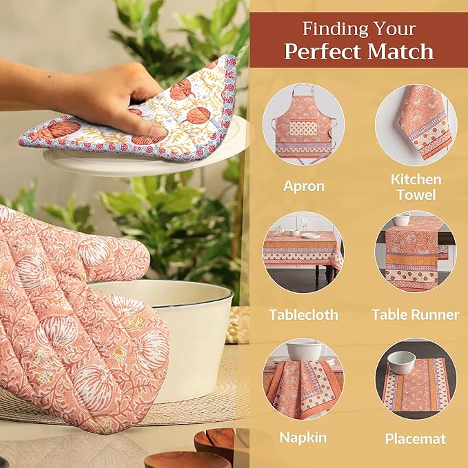 Maison d' Hermine 100% Cotton Oven Mitt & Pot Holder Set (7.5"x13" & 8"x8") Heat Resistant BBQ Cooking Gloves with Loop for Thanksgiving Christmas Decorations Handling Hot Pans (Harvest Festival)