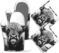 Oven Mitts and Pot Holders Sets Highland Cow Silicone Kitchen Mits Potholders Cute Highland Cattle Heat Resistant 4Pcs Oven Gloves Hot Pads for Baking Cooking BBQ Grilling Home Decor