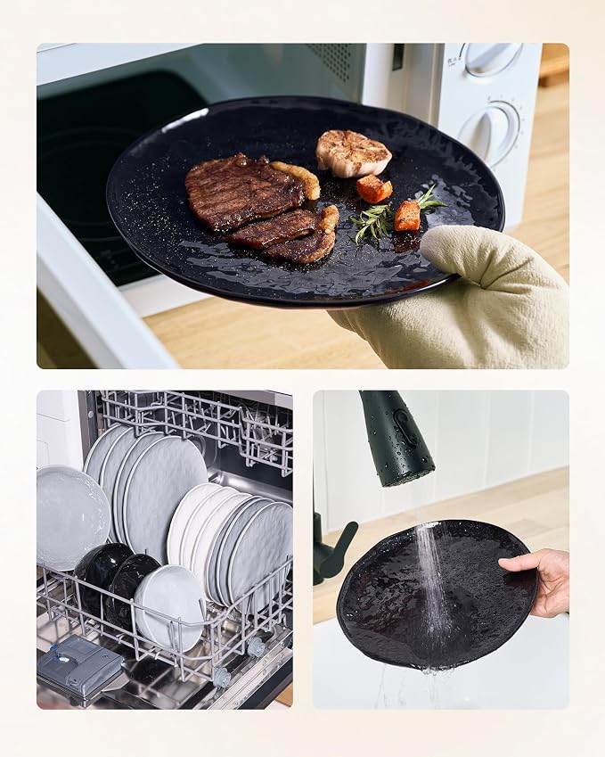 Famiware Porcelain kitchen plates and bowls set, Modern dishes set for 4, Handmade Wave Edge Dinnerware Sets, Microwave and Dishwasher Safe Tableware, Glossy-black (16pc)