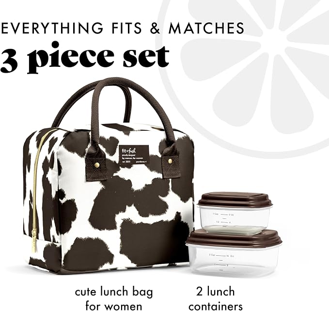Fit & Fresh Bloomington Lunch Bag for Women - Insulated Large Lunch Box for Work with Containers, Leak-Resistant, Stain-Resistant, Zipper Closure Cowhide Brown on Brown