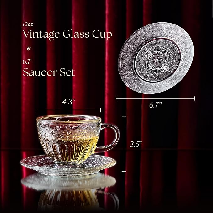 Handcrafted Vintage Glass Coffee Cup and Saucer Set, 12 oz Large Tea Cup with Round Saucer for Coffee, Latte & Tea, Gift for Women, Microwave & Dishwasher Safe, Classic Frosted White