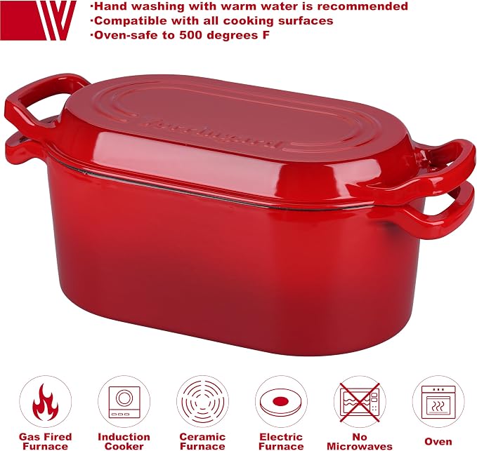 VORRINGARD Oval Dutch Oven Pot with Lid, Enamel Coating Cast Iron Bread Pans for Homemade Sourdough Bread Baking, Cooking, 4 Quart, Red