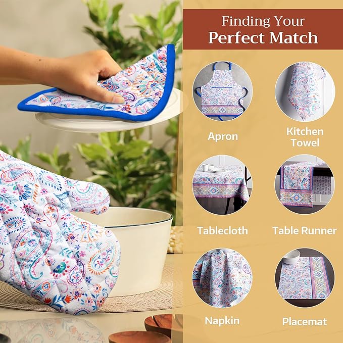 Maison d' Hermine Pot Holders 100% Cotton Heat Resistant Potholders 8" x 8" Hot Pads with Loop BBQ Cooking Baking Gifts for Mothers Day Handling Hot Pans Spring/Summer (Pack of 2, Indian Floral)
