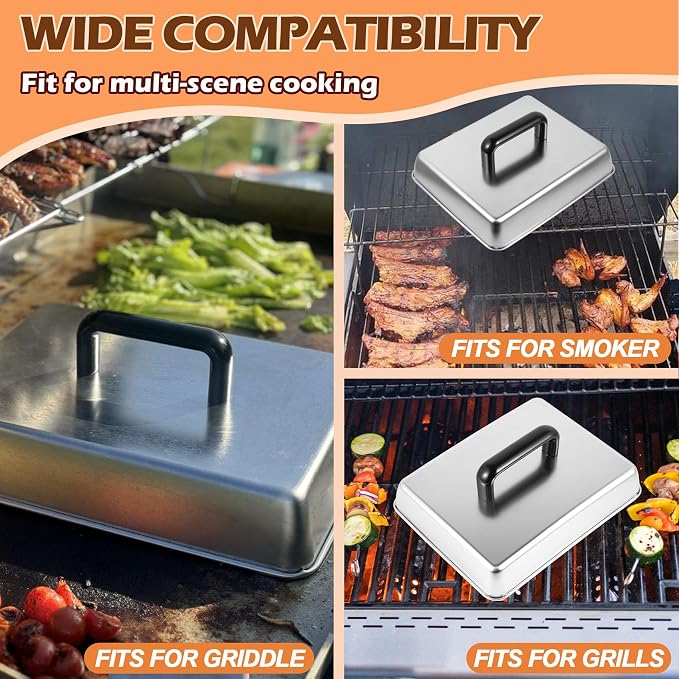 12 x 9 Inch Rectangular Basting Cover and Grill Press Kit for Blackstone Accessories, Universal BBQ Melting Dome Steaming Lid & Smash Burger Press for Flat Top Teppanyaki, Dishwasher Safe