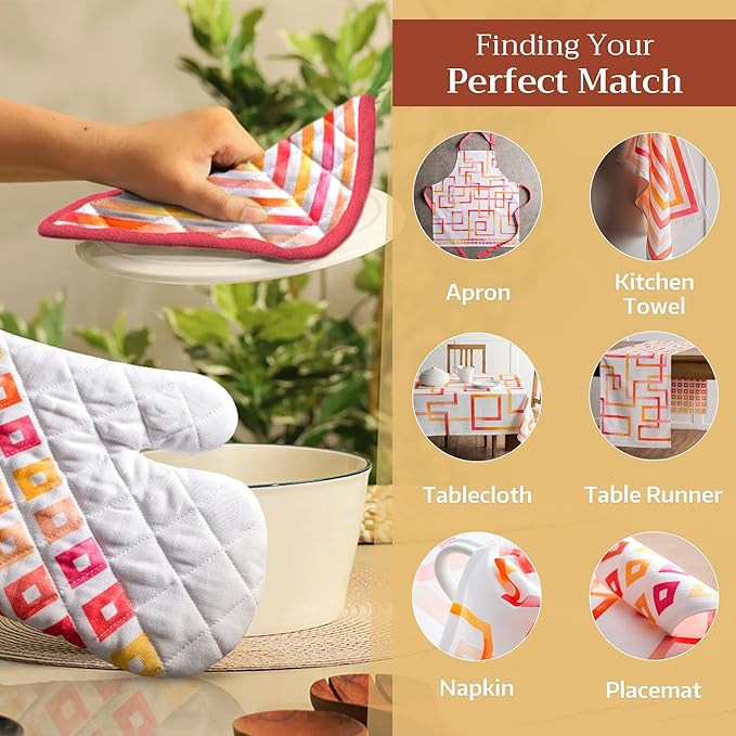 Maison d' Hermine 100% Cotton Oven Mitt & Pot Holder Set (7.5"x13" & 8"x8") Heat Resistant BBQ Cooking Gloves with Loop Baking Grilling Kitchen Gifts for Mothers Day Spring/Summer (Summer Maze)