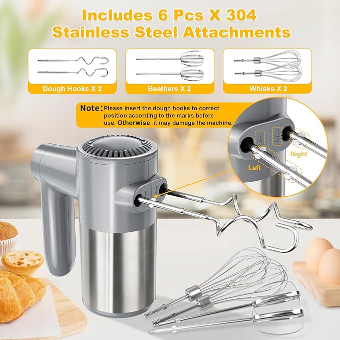 Cordless Electric Hand Mixer, 7 Speed Rechargeable Wireless Handheld Mixer with Eject Button, Long Battery, Quiet Anti-Splash, 6×304 Stainless Steel Attachments & Storage Base for Baking (Silver)