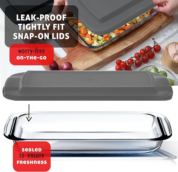 EATEX 16-Piece Deep Glass Casserole Dishes for Oven with Plastic lids, Rectangular Glass Baking Dish Set, Baking Pans for Lasagna, Leftovers, Cooking, Kitchen, Freezer-to-Oven and Dishwasher, Gray