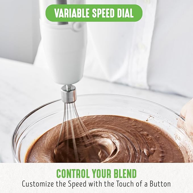 GreenLife 500-Watt Immersion Electric Handheld Stick Blender with Stainless Steel Blades, Whisk, Frother, Measuring Cup and Lid, Soups, Puree, Cake, Multi-Speed Control, Portable, White