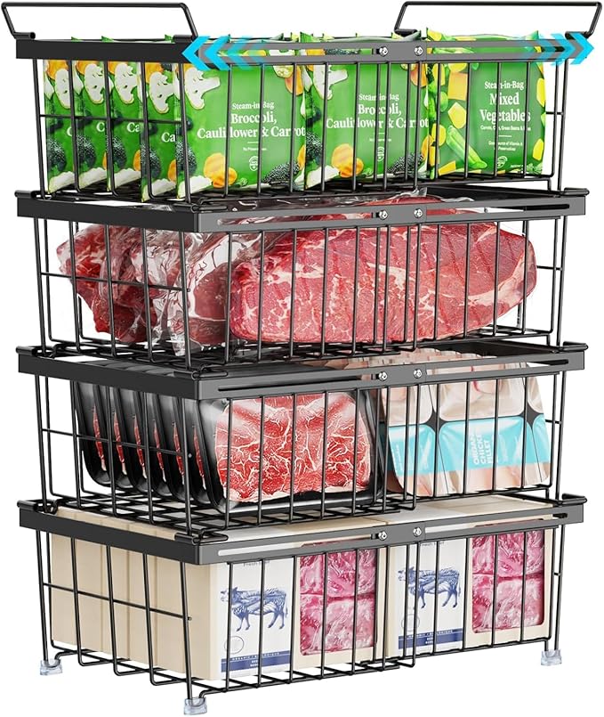 iSPECLE 4 Pack Freezer Organizer Bins - Fit 10 to 20 Cu.Ft Deep Freezer, Expandable Wire Storage Chest Freezer Baskets for Frozen Food, Stackable with Handles, Black