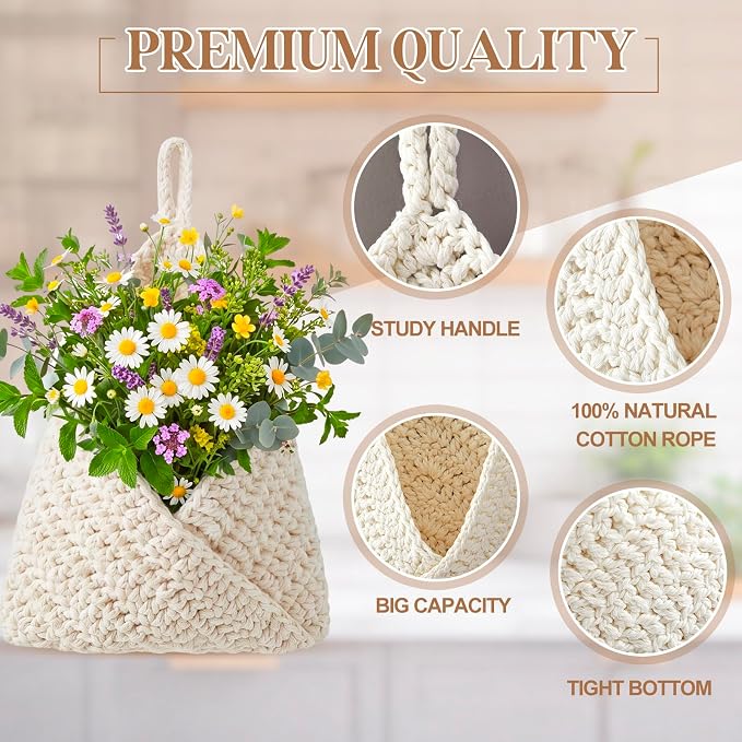 Honeydak Boho Decor Hanging Wall Baskets for Kitchen 3 Pack Teardrop Baskets with Hooks Storage Fruit Onion Vegetable Potato for Home 3 Sizes (White,Triangle,Cotton Rope)