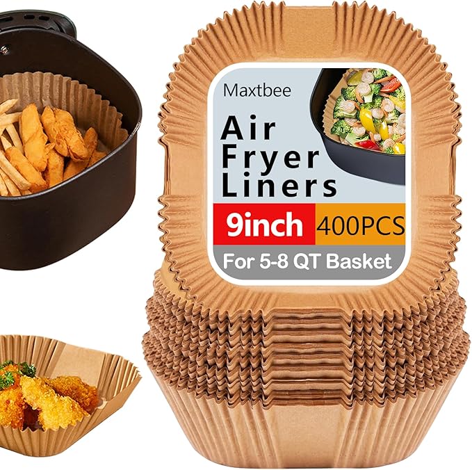 9 Inch Air Fryer Liners Disposable, 400Pcs Square Air Fryer Paper Liners, Oil-Proof & High-Temperature Resistant Parchment Baking Paper for Air Fryer, Microwave and Oven（Bottom Is 9 Inch）