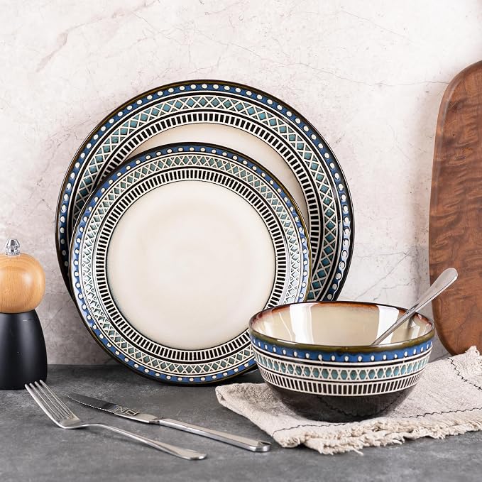 12 Piece Dinnerware Set for 4, Vintage Blue White Handmade Stoneware Plates and Bowls, Hand-Carved Relief with Geometric Pattern, Dishwasher Microwave Oven Safe, Scratch Resistant Dish Set