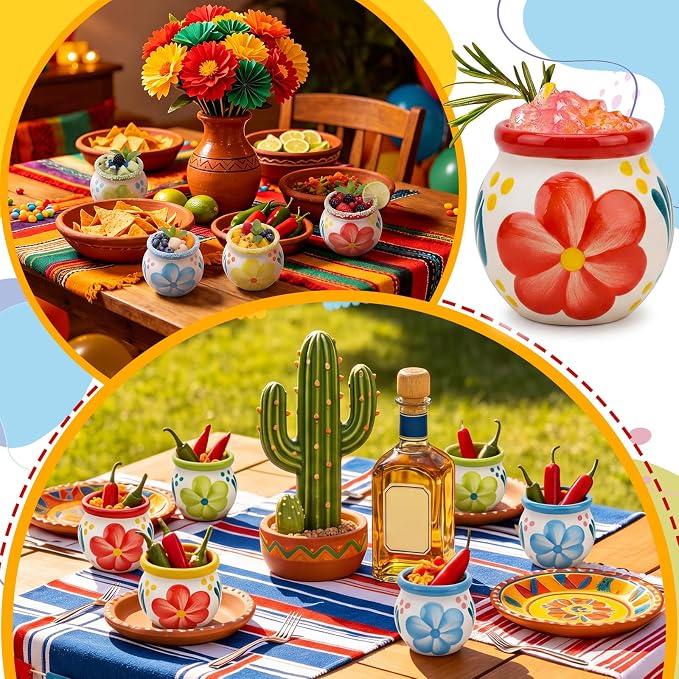 Gejoy 12 Pcs 3oz Cantaritos De Barro Shot Mini Clay Cups Jarritos De Barro Mexicanos Taco Cocktail Glasses for Tequila, Margaritas, Mojitos, Mojitos Cold Hot Drinks (Bloom)