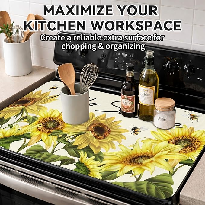 Decorative Stove Top Covers for Electric Stove 28"x20" – Heat Resistant Glass Cooktop Protector Dish Drying Mat – Non-Slip Rubber Backing Washer Top Cover Waterproof Extra Counter Space (Sunflower 2)
