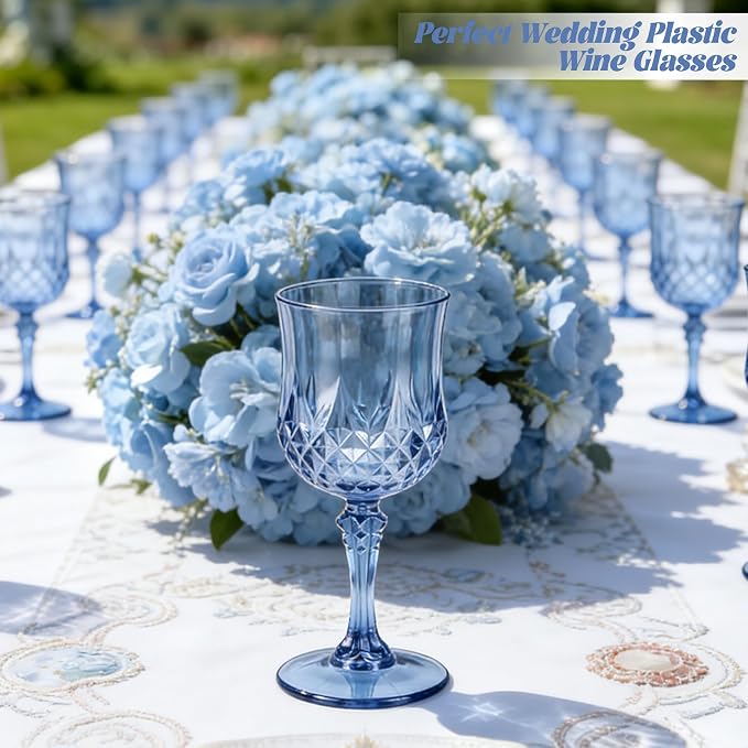 30 Pack Plastic Wine Glasses,10oz Unbreakable Vintage Style Goblets,Reusable Crystal Like Drinking Glass for Wedding Reception, Party Supplies (Blue)