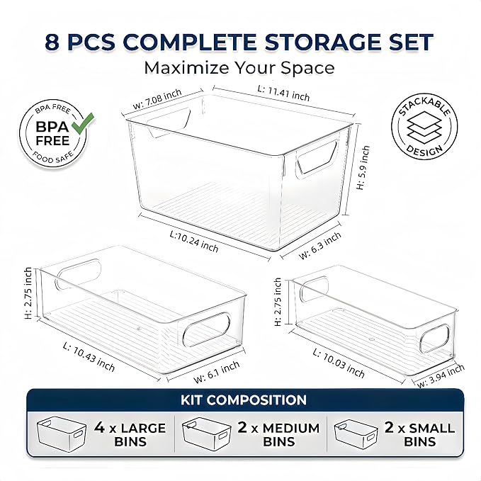 8 Pack Clear Plastic Storage Bins - Stackable Pantry Organizer Bins for Kitchen, Fridge, Cabinet - Clear Acrylic Containers for Food, Snacks and Home Organization