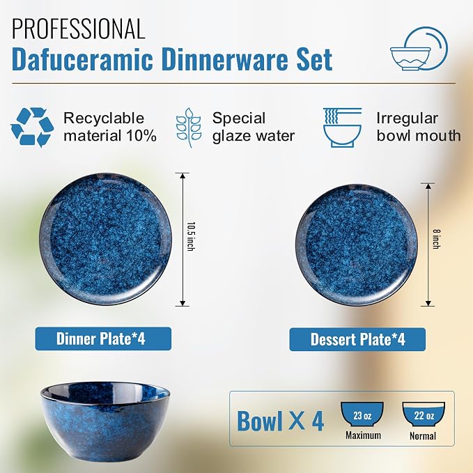 Dafuceramic Plates and Bowls Sets, 12 Pieces Dark Blue Dinnerware Sets for Kitchen, Reactive Glaze Dishes Set for 4, Dishwasher and Microwave Safe, Series Starflecked Shore(Dark Blue)