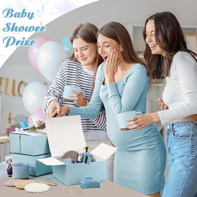 Reallnaive 61 Pcs Baby Shower Prizes for Game Winners Include Ceramic Mug Coaster Hand Cream Pen Spoon Bracelet Hair Clip Card Gift Box with Raffia for Guests Gender Reveal Bridal Shower Party(Blue)