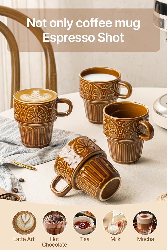 Ceramic Coffee Mug, Stackable Mug 3.3 OZ Coffee Mugs, Espresso Cups, Mugs Set of 6 for Latte Milk Hot Chocolate, for Men Women Kids, Ideal for Home Restaurant Daily Use & Holiday Gifting, Brown