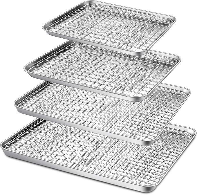 P&P CHEF 16 + 12.5 + 10.4 + 9 Inch Baking Sheet and Rack Set, 8Pcs Stainless Steel Cookie Sheets Oven Baking Pans Trays with Cooling Racks for Cooking, Oven & Dishwasher Safe, Pans with Grid Racks