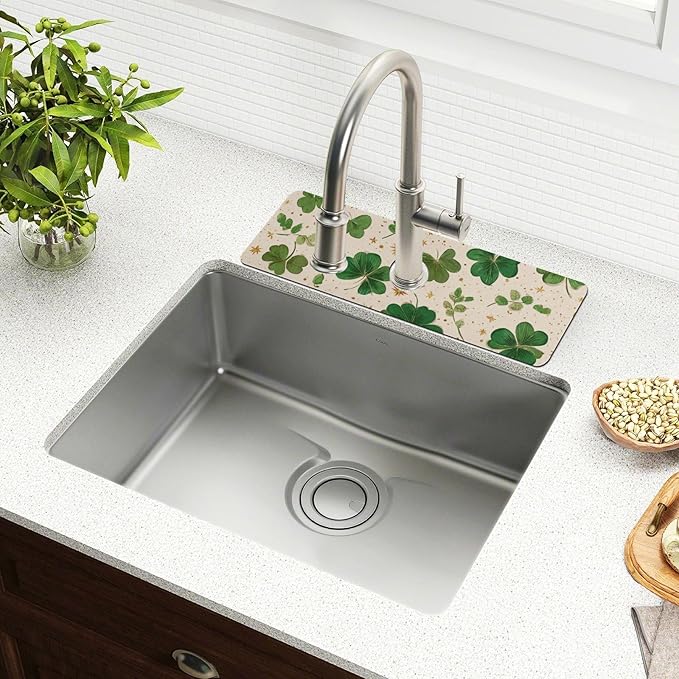Kitchen Sink Splash Guard 1 PC 30 Inch Sink Faucet Mat Splash Guard for Bathroom Countertop Water Absorbent Foldable Cuttable Soft Washable Green Clovers and Gold Stars