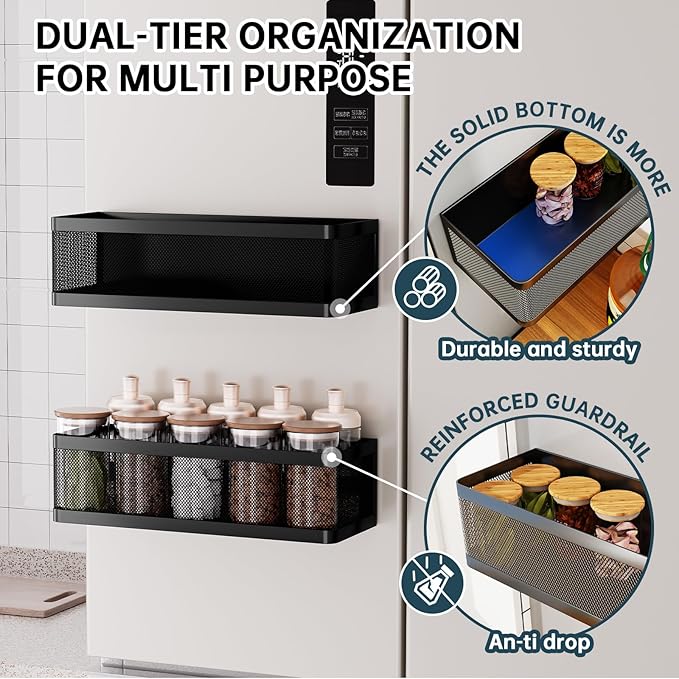 2-Pack Magnetic Spice Rack for Refrigerator, Magnetic Shelf with Tall Guardrails to Prevent Falling - Strong Magnet Organizer for Kitchen, Pantry, Cabinet & Laundry Room (Black)