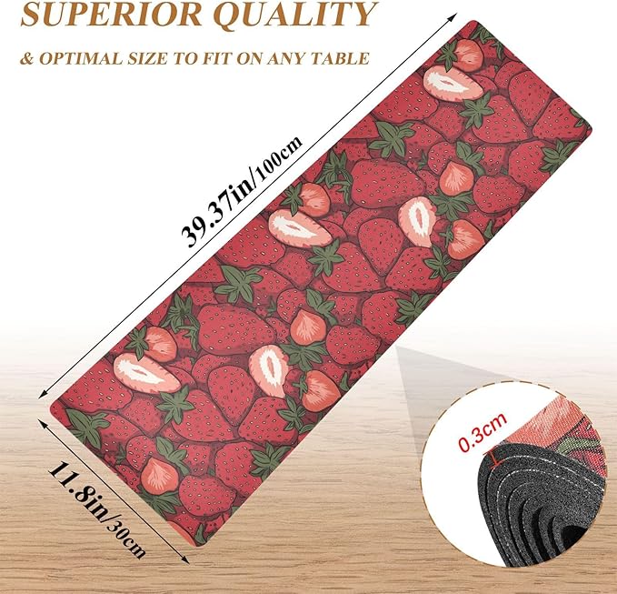 2 in 1 Table Runner Trivet for Hot Pots and Pans Heat Resistant Non Slip Waterproof 39 x 12 Inch Decorative Table Protector for Kitchen Countertop Cartoon Red Strawberry