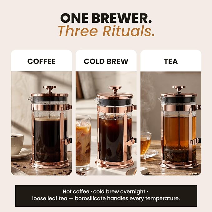 EzDtach Glass French Press Coffee Maker 34oz Copper – Double Filter Borosilicate Glass Pot with 304 Stainless Steel Coffee Press and 2 Extra Screen, Easy to Use and Clean Design for Full-Bodied Flavor