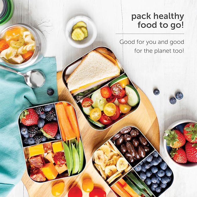 LunchBots Large Trio Stainless Steel Lunch Container -Three Section Design for Sandwich and Two Sides - Metal Bento Lunch Box - Eco-Friendly - Stainless Lid - Green Dots