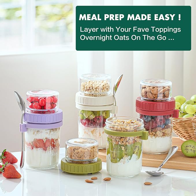 Danmu 4 Pack Overnight Oats Containers with Lids 21 oz (16+5),Dual-Layer Yogurt Parfait Cups with Lids,Meal Prep Containers Glass for Snack,Overnight Oats,Yogurt,Parfait,Salad Dishwasher Safe