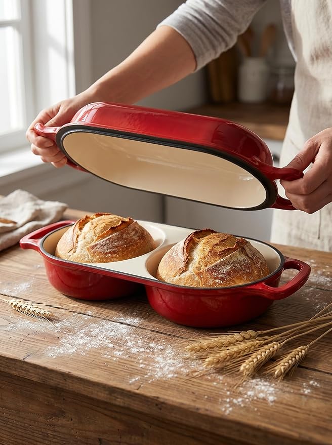 Mini Double Dutch Oven for Sourdough Bread – Enameled Cast Iron Loaf Pan with Dual Loaf Design, 500°F Oven Safe Non-Stick Cast Iron Dutch Oven, Small Loaf Baker for Artisan Baking