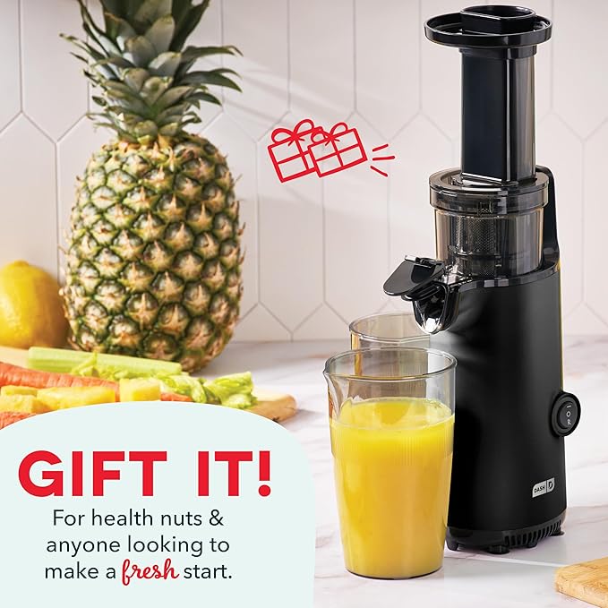 Dash Deluxe Compact Cold Press Juicer - Slow Masticating Juicer Machine for Fruits and Vegetables with Frozen Attachment - Easy to Clean Juice Press for Home Countertops - Black