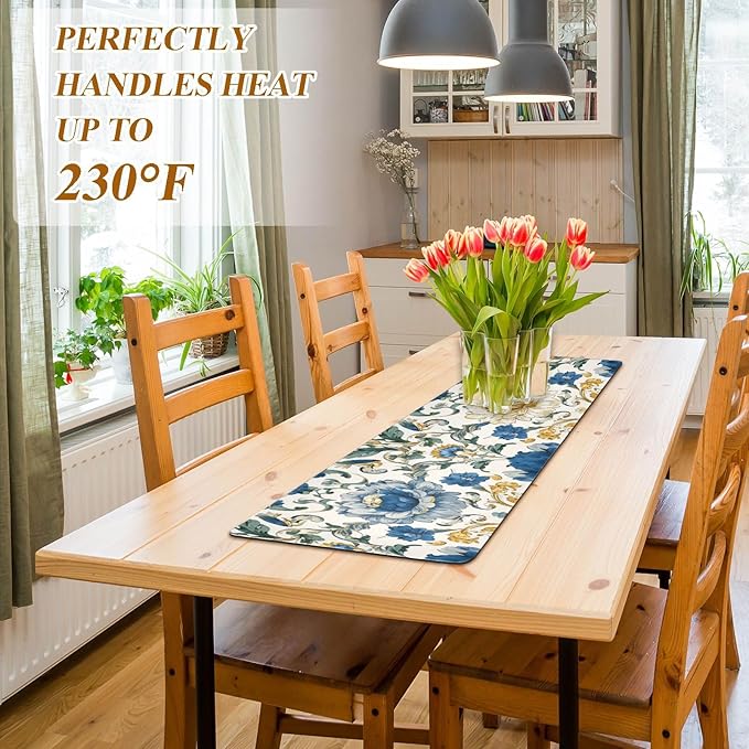 2 in 1 Table Runner Trivet for Hot Pots and Pans Heat Resistant Non Slip Waterproof 39 x 12 Inch Decorative Table Protector for Kitchen Countertop Royal Floral Blue and Yellow Tile