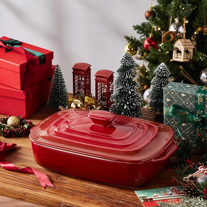 Lareina Large Ceramic Casserole Dish with Lid, 4.0 Quart Covered Rectangular Stoneware Baking Dishes for Oven, Deep 9x13 Inch Lasagna Pans for Baking and Serving, Perfect for Christmas, Red