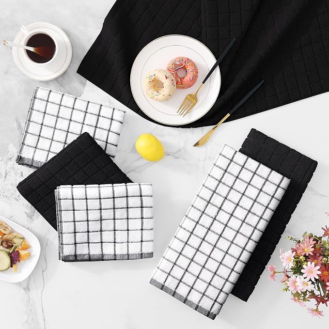 Homaxy Premium Cotton Kitchen Towels 16"x 28", Large Natural Ring Spun 390 GSM Dish Towels, Super Absorbent Terry Kitchen Hand Towels, Soft Tea Towels with Hanging Loop, Black Check Design, 4 Pack