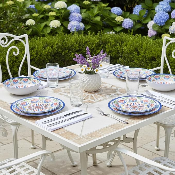 Dinnerware Set 12Pcs Melamine Plates and Bowls (Blue Flower) | Wedding Gift,Parties,Home,Service,Durable,Floral Pattern,Tableware Dinner, Salad Dessert Plates,Housewarming