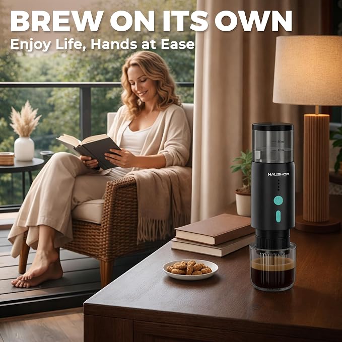 HAUSHOF Portable Electric Espresso Machine, 20 Bar Fast Heat-Up Travel Coffee Maker, USB-C Rechargeable Compatible with Ground Coffee & NS Capsules, for Car, Camping, RV, Hiking & Office