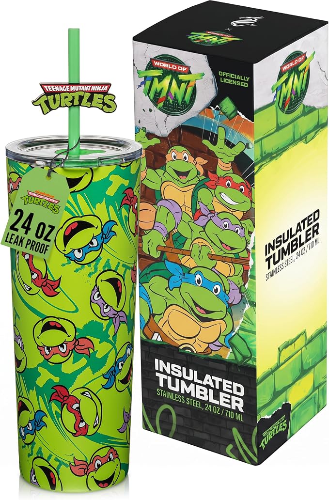 Dragon Glassware x Teenage Mutant Ninja Turtles Insulated Tumbler, 24 oz | Vacuum Insulated Stainless Steel Tumbler with Straw & Lid; Double Walled TMNT Tumbler with Straw Topper; Ninja Turtle Cup
