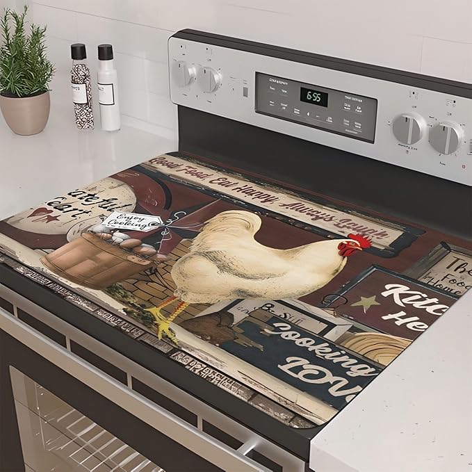 Decorative Stove Top Covers for Electric Stove 28"x20" – Heat Resistant Glass Cooktop Protector Dish Drying Mat – Non-Slip Rubber Backing Washer Top Cover Waterproof Extra Counter Space (Rooster)