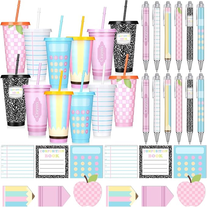 Honeydak 24 Set Back to School Teacher Gift Bulk Teachers Appreciation Gifts in Bulk 24oz Teacher Tumbler Cute Pastel Composition Notebook Sticky Note Ballpoint Pen for Mentor Lecturer Educator