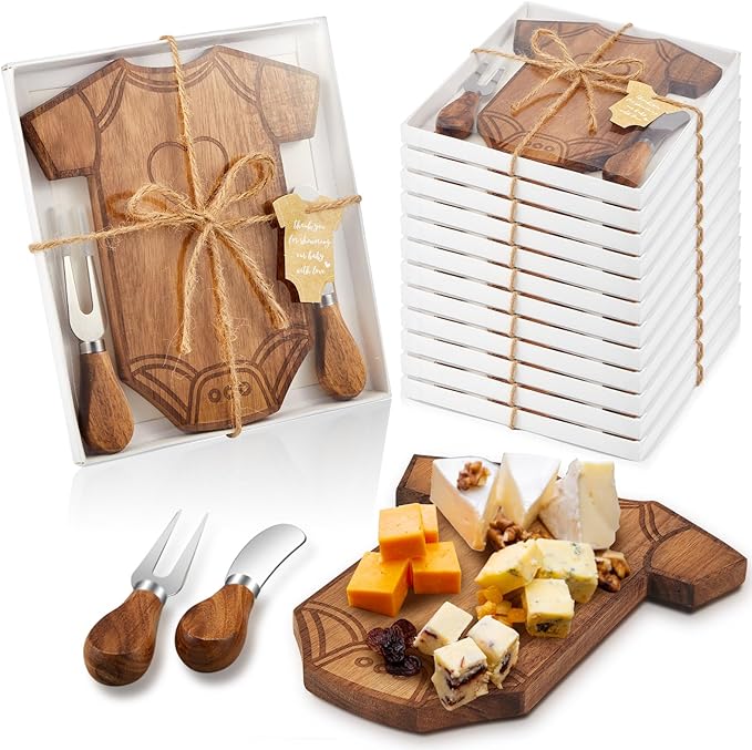 Ziliny 12 Set Baby Shower Gifts for Guest Prizes Clothing Shaped Mini Charcuterie Board Small Cheese Cutting Board Set with Knives Forks Baby Shower Party Favor Thank You Return Gifts (Acacia Color)
