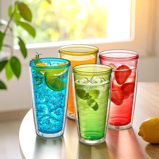 Amazing Abby - Alaska - 24-Ounce Insulated Plastic Tumblers (Set of 6), Double-Wall Plastic Drinking Glasses, Mixed-Color Reusable Cups, BPA-Free, Shatter-Proof, Dishwasher-Safe