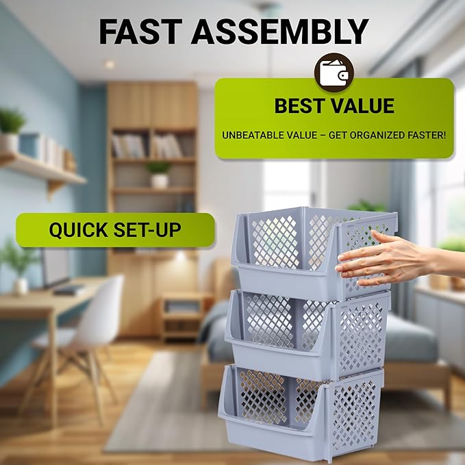 TidyFriend 3 Pk Large Stackable Storage Bins Open Front for Pantry Organizers & Storage, Pantry Storage for Food, Kitchen & Home Organization, Plastic Storage Bins, Dorm Room Essentials (Light Grey)