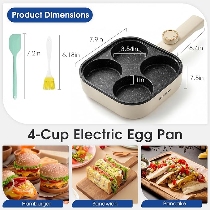 Electric Egg Pan Nonstick: No Stove Needed 900W Granite 4-Cup Omelette Pan with 2 Power Adjustable, Breakfast Non Stick Frying Pans Skillet for Eggs, Pancakes, Crepes, Plett and More