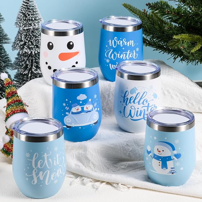 6 Set Christmas Wine Tumbler with Lid and Straw 12 Oz Christmas Stainless Steel Wine Tumbler with Keychains, Winter Snowman Insulated Travel Coffee Mug Xmas Gifts for Women Men Xmas Wedding Party