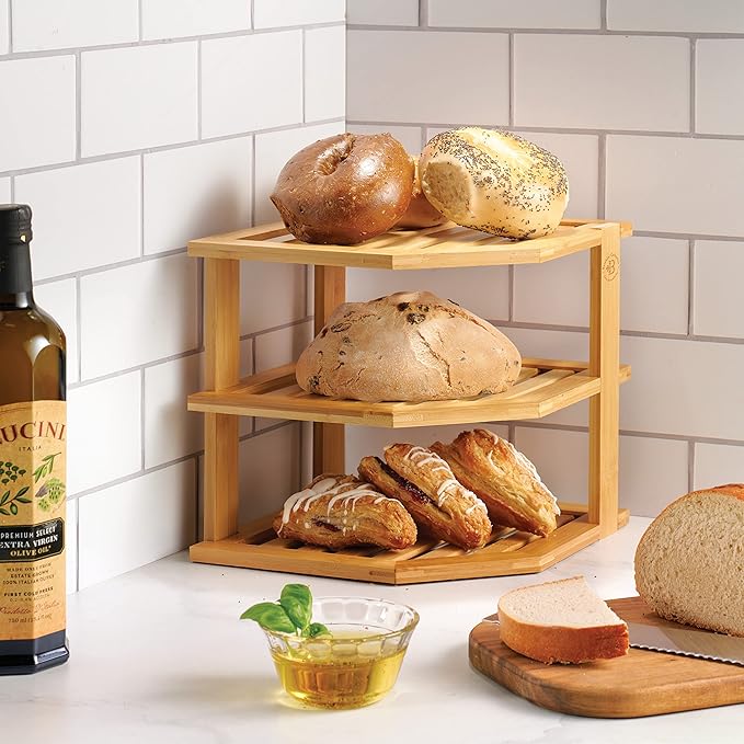 Plate Organizer for Cabinet - 3 Tier Bamboo Corner Shelf Cabinet Organizer for Plates, Bowls, Mugs and Pantry Storage, Space Saving Countertop and Cabinet Corner Shelf, 10 x 10 x 9.5 Inch, Bambusi