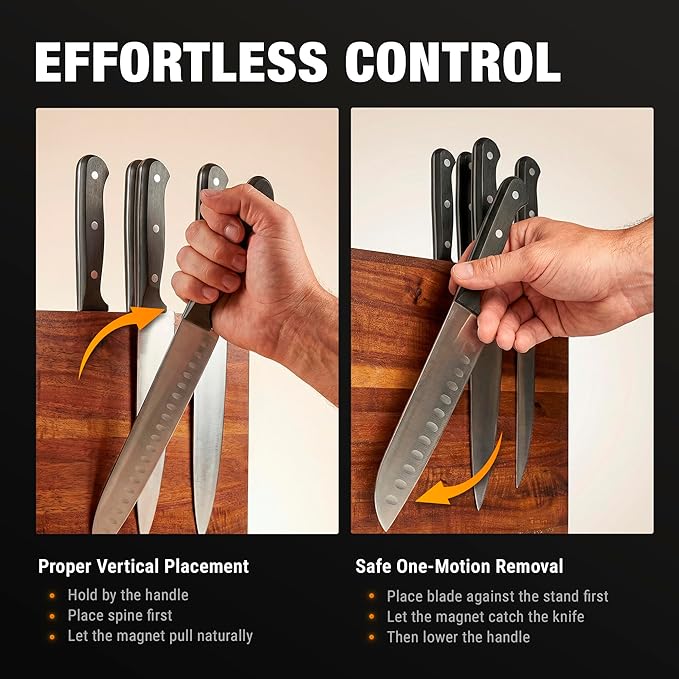 Magnetic Knife Block Acacia Wood, 12 x 10 Inch Double Sided Magnetic Knife Holder with Strong Enhanced Magnets, Wooden Knife Organizer Stand for Kitchen Countertop, Without Knives