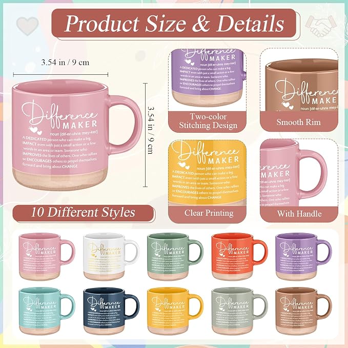 Didaey 10 Sets Difference Maker Appreciation Gifts Set 13oz Pastel Ceramic Coffee Mugs A6 Leather Notebooks Ballpoint Pens Bulk Thank You Gifts for Difference Maker Team Members Employees Coworker
