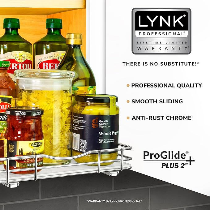 LYNK PROFESSIONAL® Pull Out Spice Organization for Cabinets - 10-3/8 inch Wide – Spice Rack for Inside Cabinets, Slide Out Spice Rack Organizer for cabinet – Pull Out Spice Rack, Sliding 1 Tier Chrome